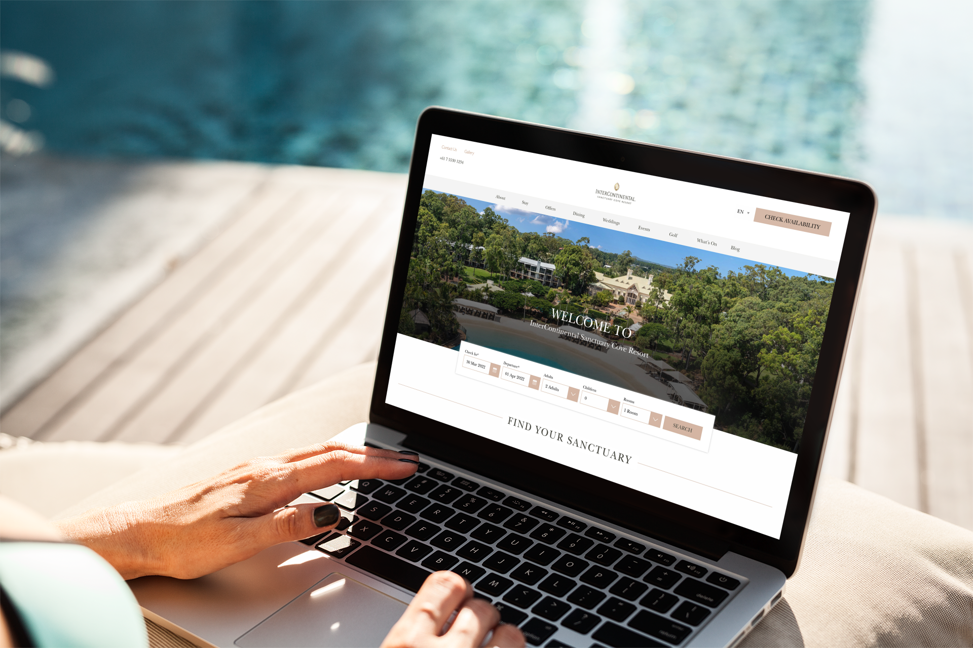 Mockup Of A Woman Working On Her Macbook Pro By A Pool 2329 El1 1