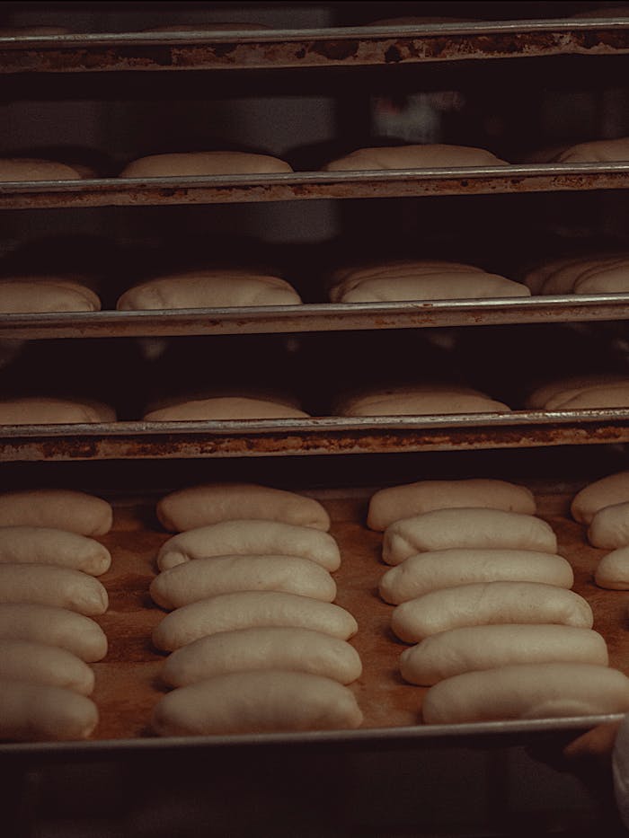 Home Vertical shot of multiple baking trays with fresh bread dough in an industrial oven, ready to bake.